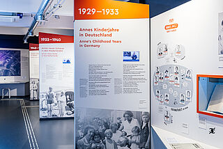 Mehrere Ausstellungswände mit Bild- und Texttafeln sowie Videos in DGS